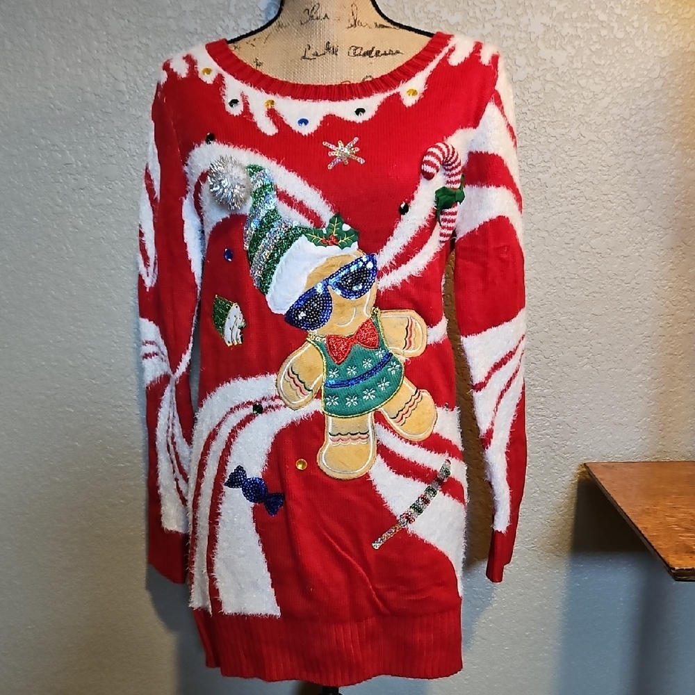 Festive Red and White Crew Neck Sweater with Whimsical Winter Design